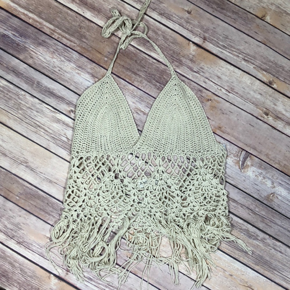 Cream Crochet Halter Fringe Crop Top